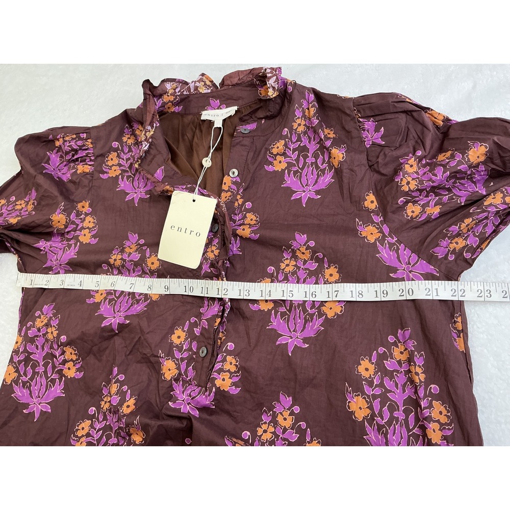 Entro Glinda Dress Brown Purple Floral Block Print Midi Ruffle Henley Large NEW - Picture 8 of 15